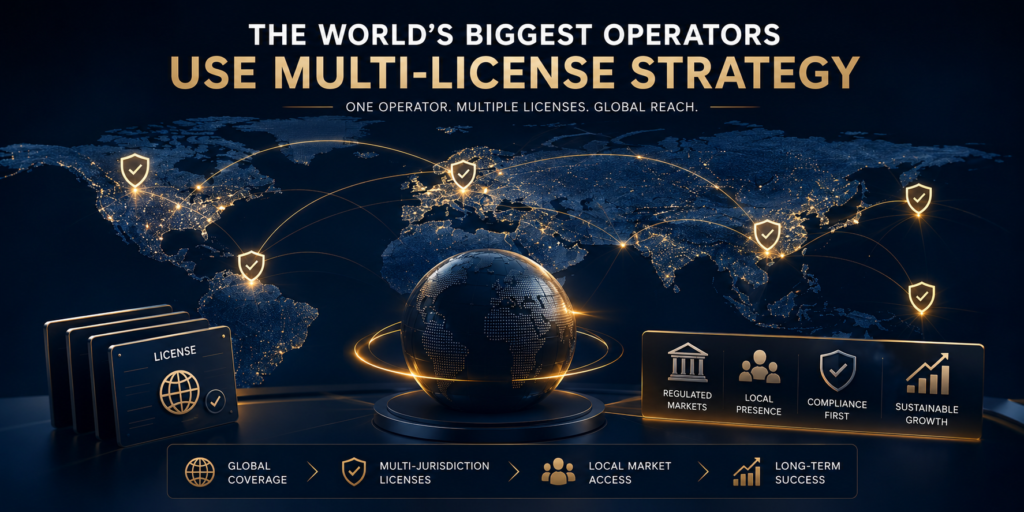 iGaming license strategy 2026 – illustration of global multi-jurisdiction licensing, compliance, and international market expansion.