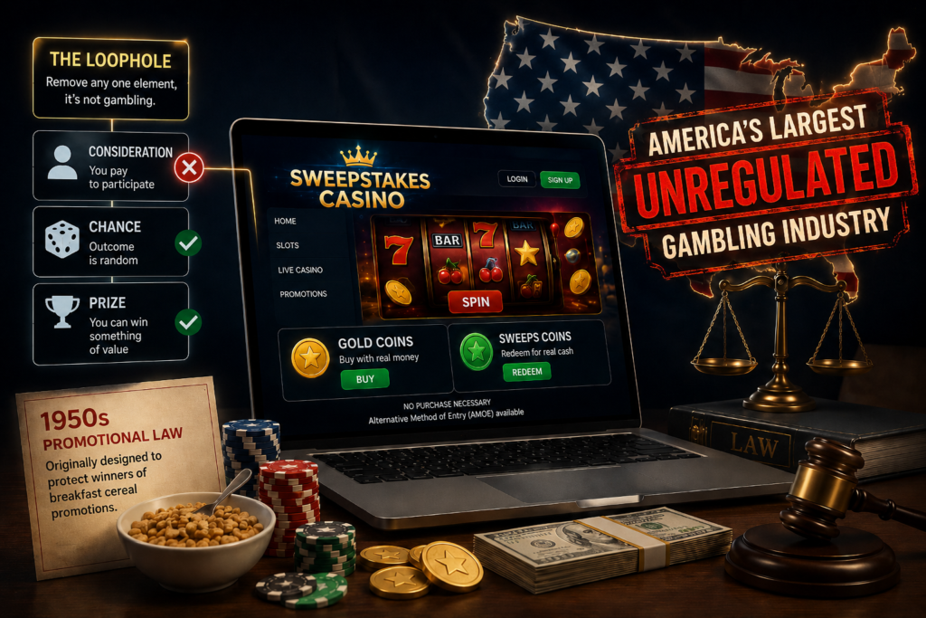 Illustration explaining how sweepstakes casinos use the legal loophole behind America’s largest unregulated gambling industry