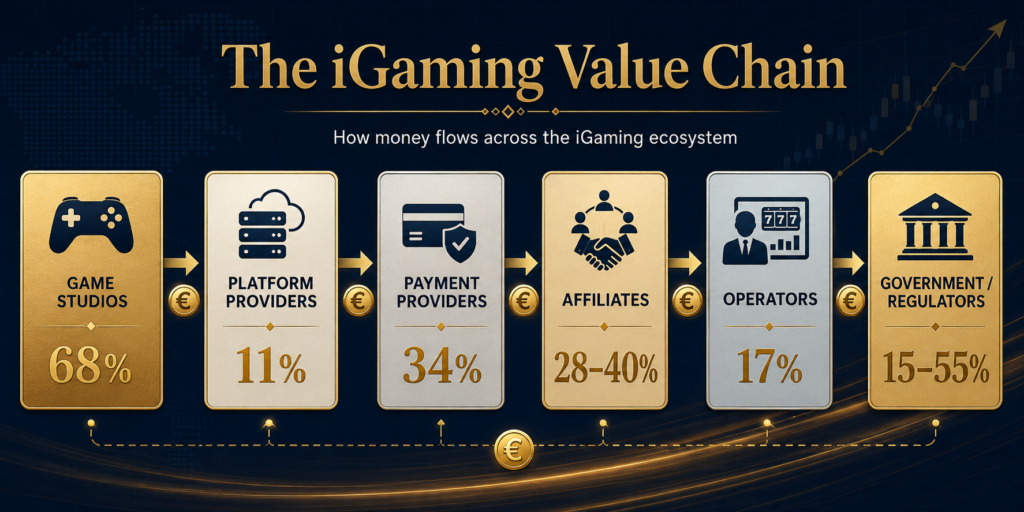 iGaming value chain flow diagram showing money moving from game studios through platform providers payment providers affiliates operators to government 2026