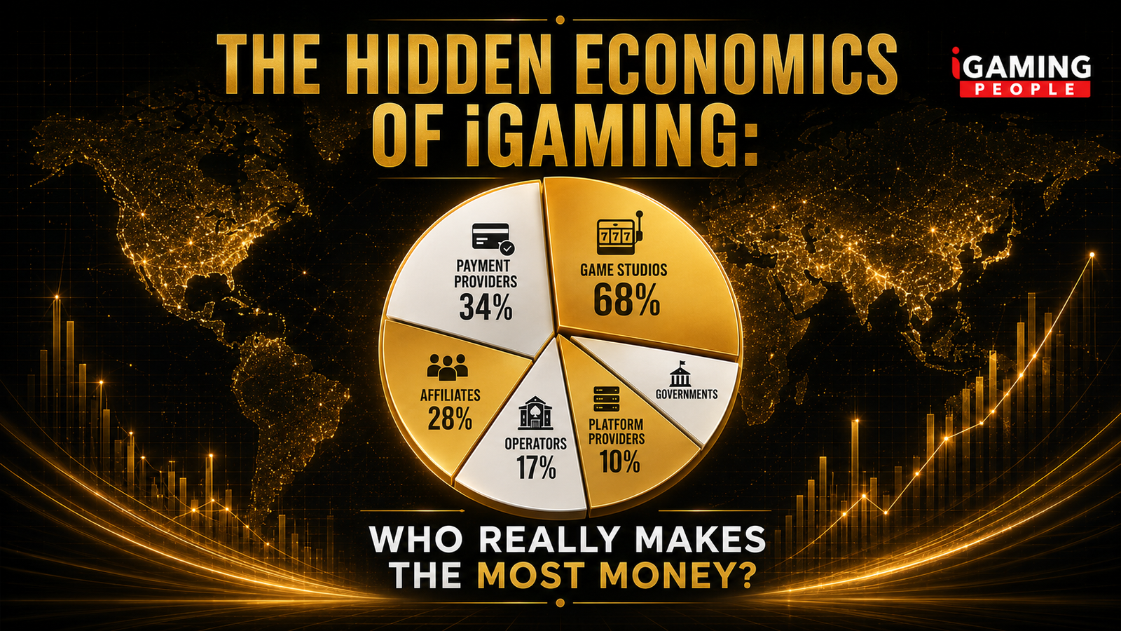 Hidden economics of iGaming pie chart showing margin breakdown for game studios operators payment providers and affiliates 2026