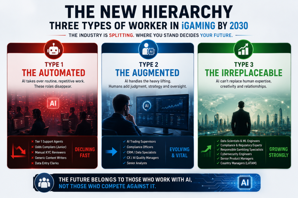 Future hierarchy of iGaming jobs by 2030 showing automated, AI-augmented and high-value human roles.