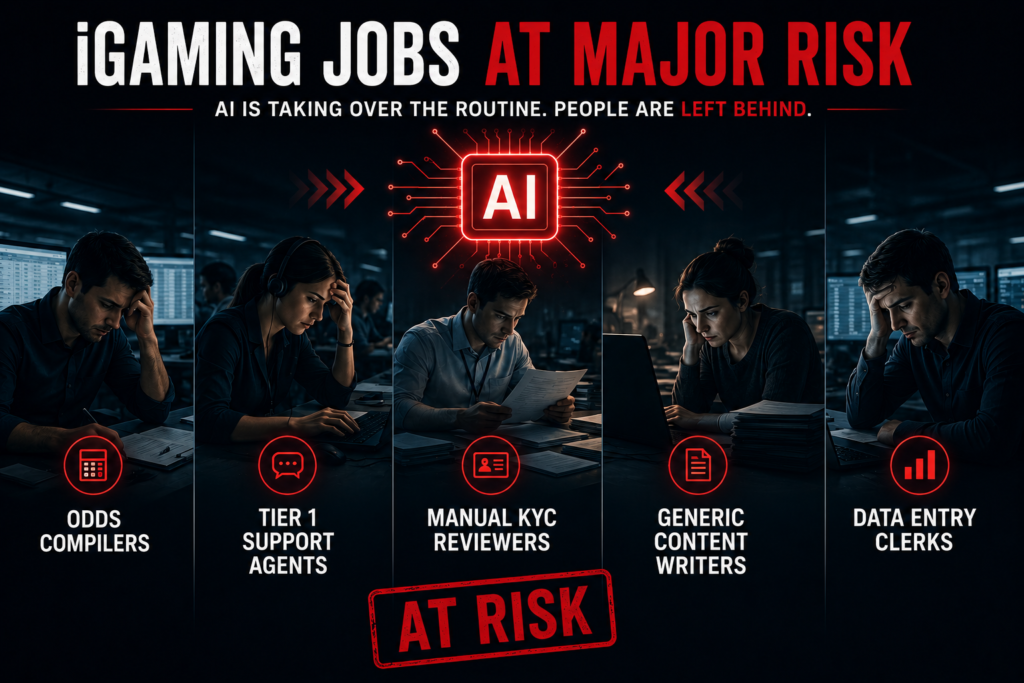 iGaming jobs at highest risk from AI including odds compilers, customer support, KYC reviewers and content writers.