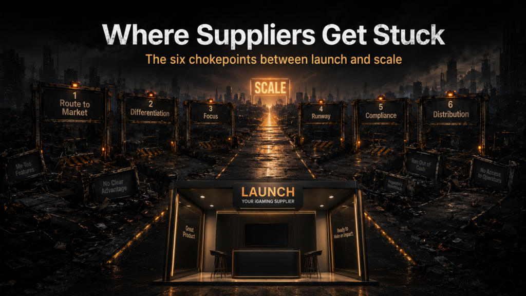 Infographic illustrating the six major growth challenges for iGaming suppliers including route to market, product differentiation, market focus, funding runway, compliance and distribution.