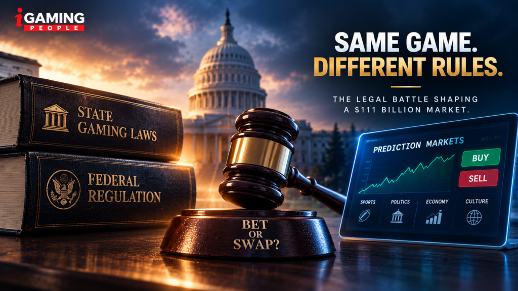Gavel between state gaming law and federal regulation books, symbolizing the legal battle over prediction markets in the $111 billion U.S. betting market