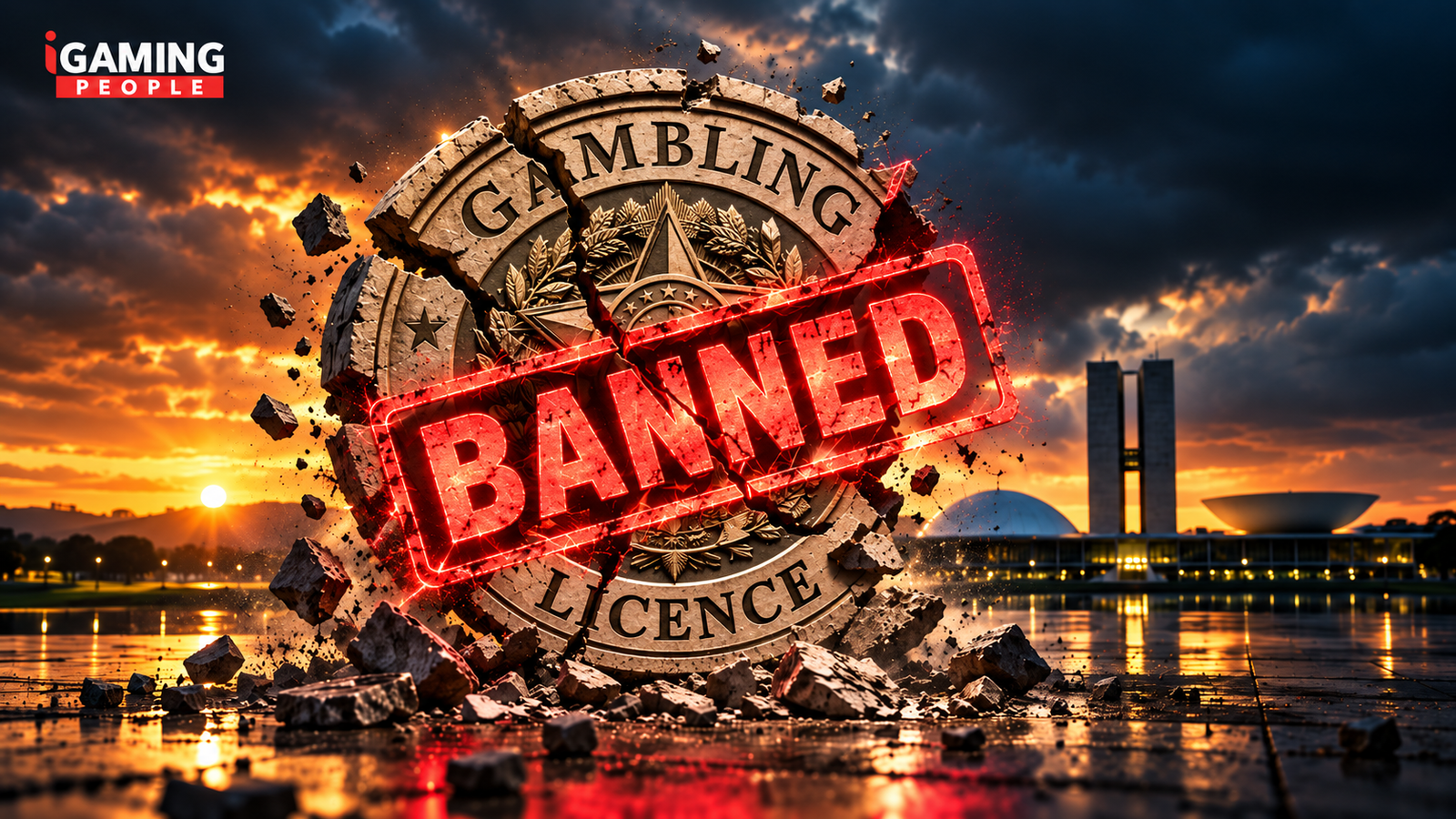 Cracked government licence seal stamped "banned" against a stormy Brazilian government building, symbolizing the R$2.55 billion iGaming licence ban in 2026